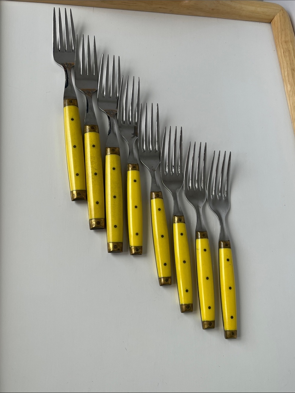 Vintage Bonniers France Yellow Handle Fork Set Brass Accent French Flatware - Picture 2 of 9
